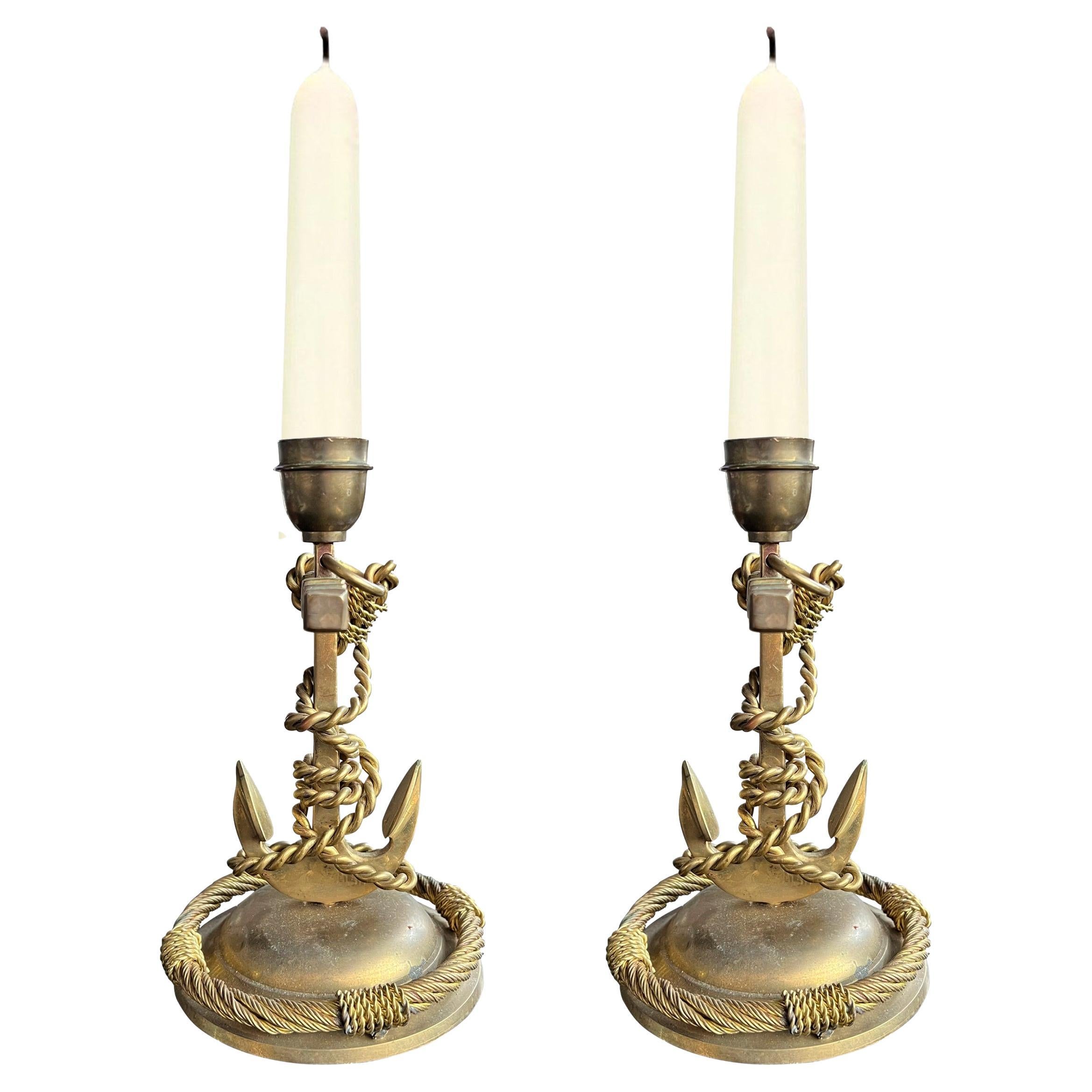 Pair of Vintage English Brass Anchor Candlesticks For Sale