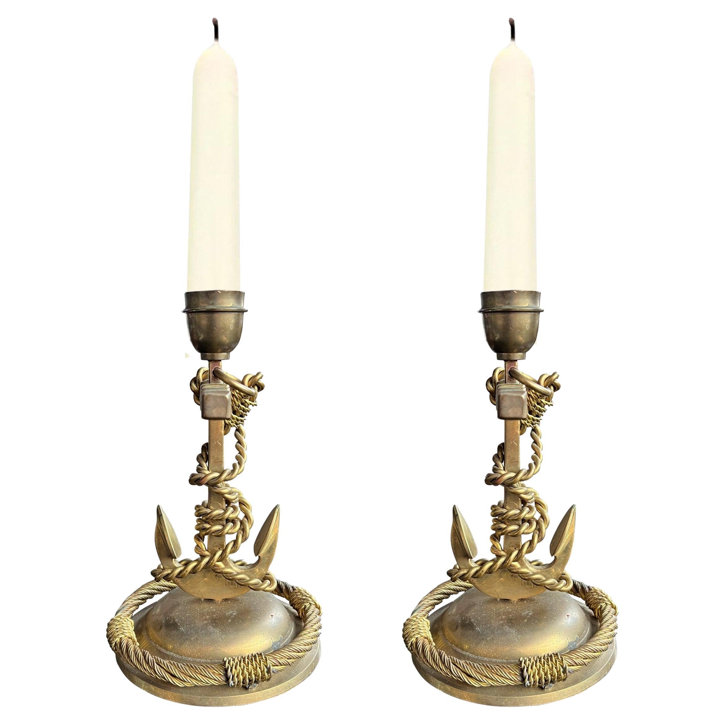 Pair of Vintage English Brass Anchor Candlesticks