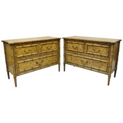 Pair of Vintage English Campaign Style Faux Bamboo Nightstands Low Chests, Irwin