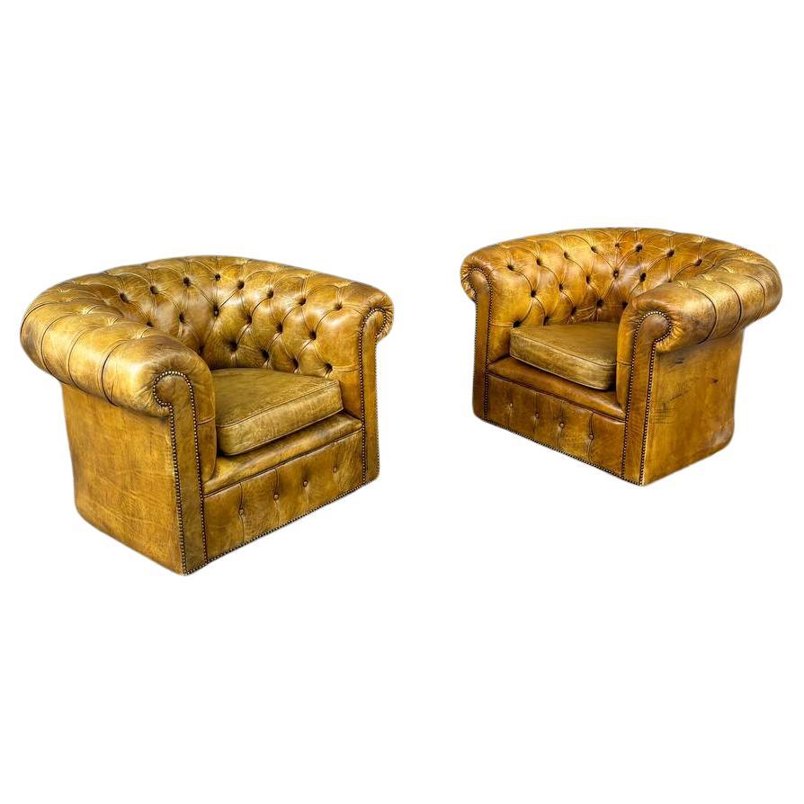 Pair of Vintage English Chesterfield Style Tufted Leather Club Chairs For Sale