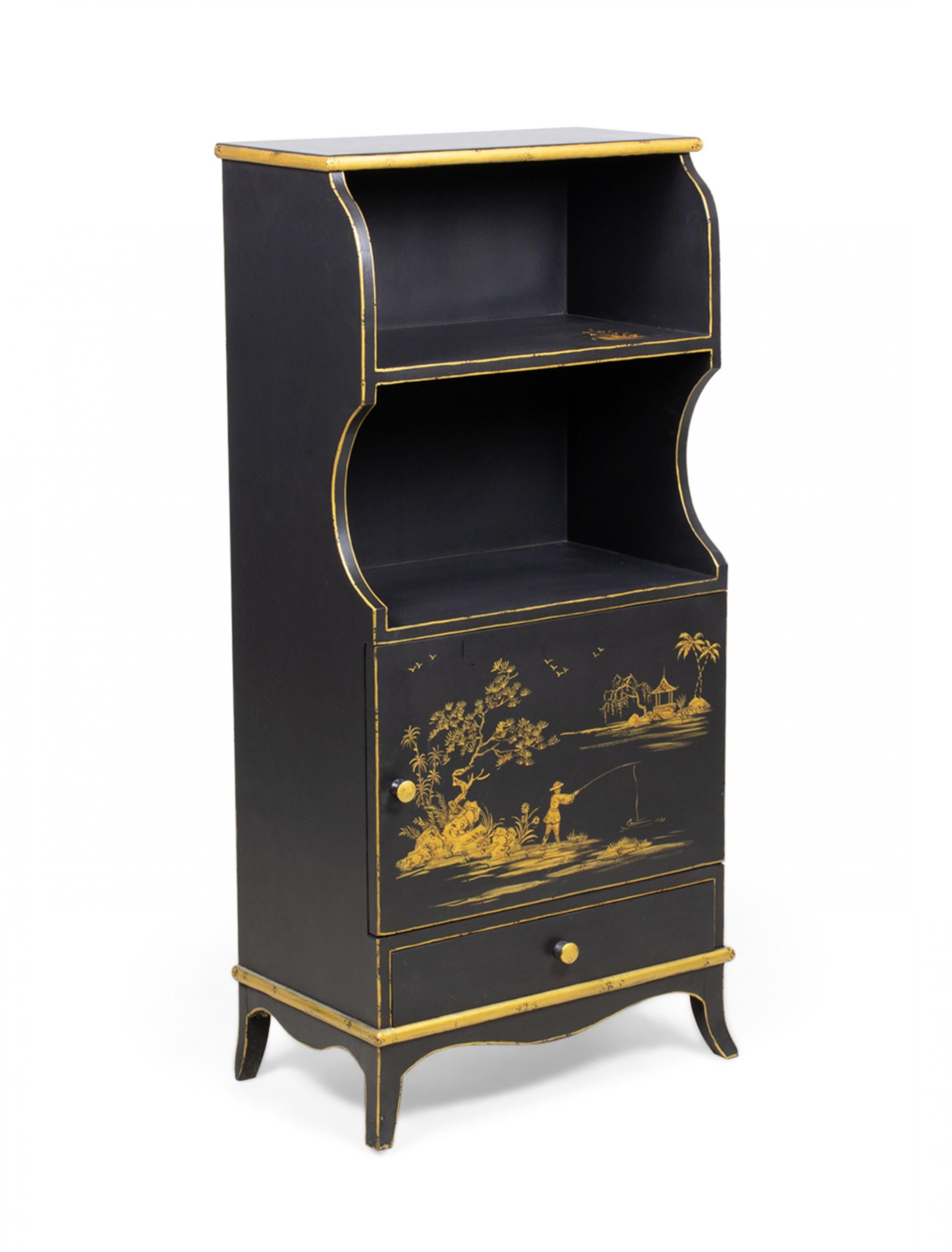 Pair of Vintage English Chinoiserie Gold and Black Painted Small Bookcases For Sale 9