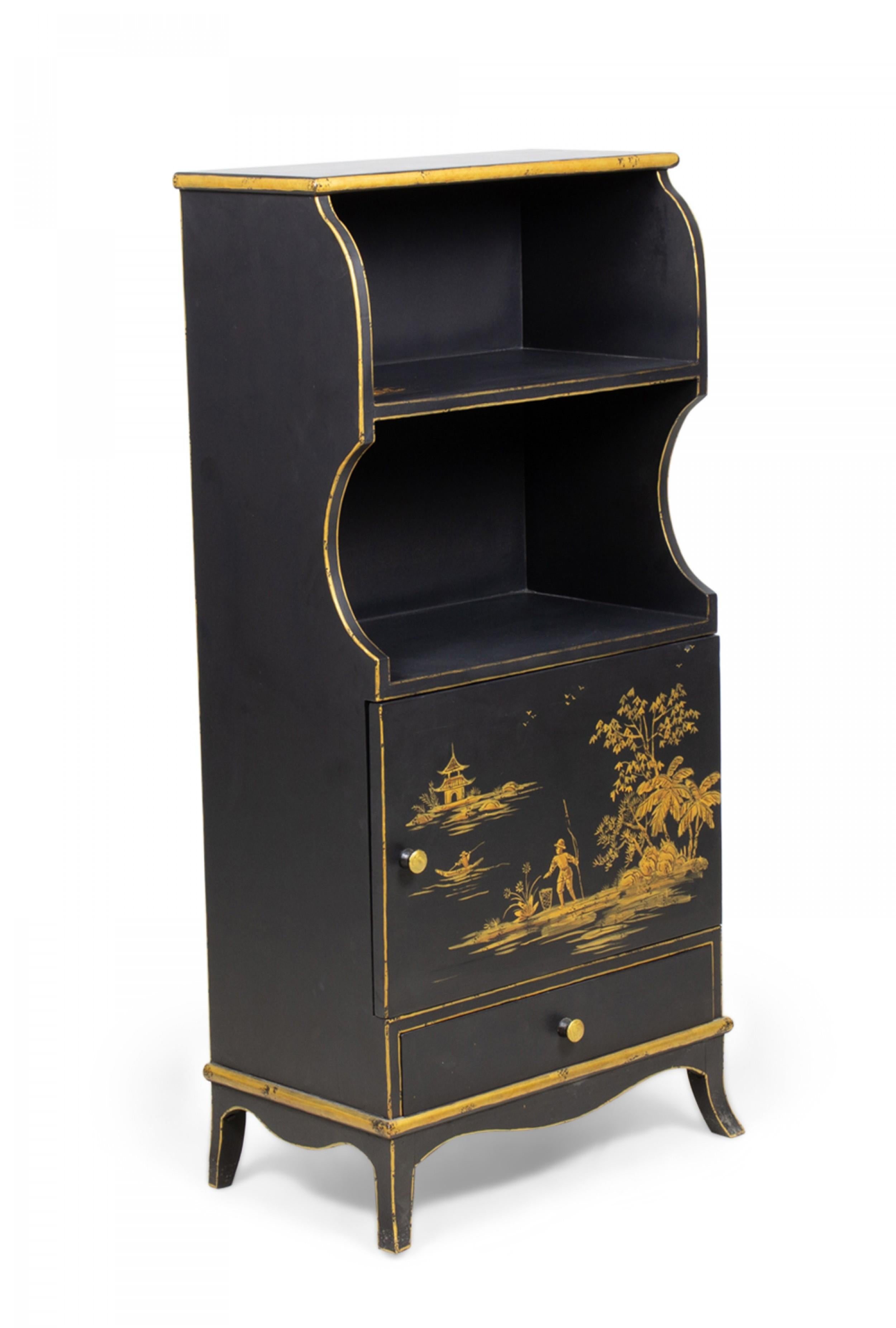 British Pair of Vintage English Chinoiserie Gold and Black Painted Small Bookcases For Sale