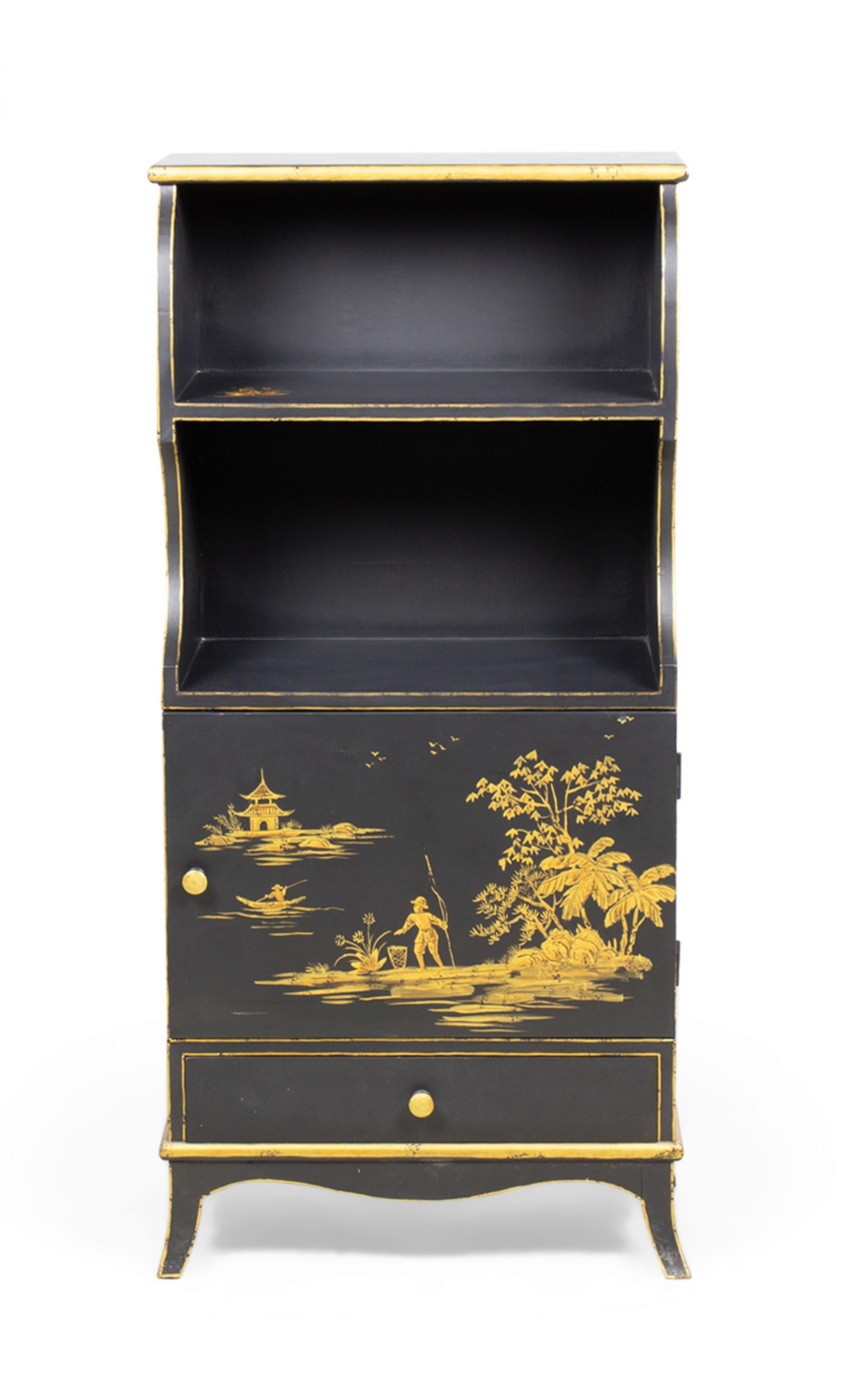Wood Pair of Vintage English Chinoiserie Gold and Black Painted Small Bookcases For Sale