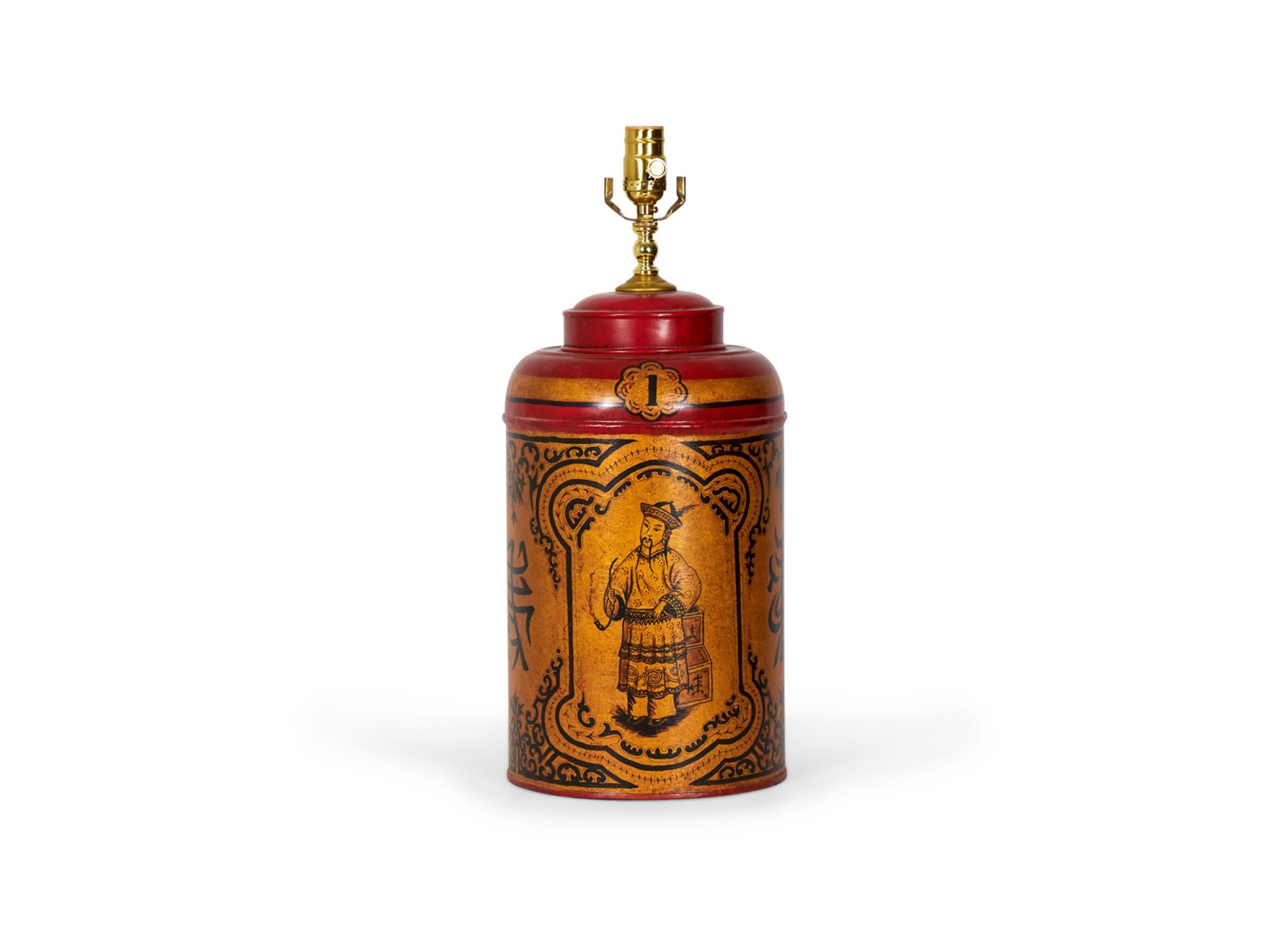 Pareja de lámparas de mesa vintage inglesas de estilo chinoiserie pintadas a mano en rojo Tole Tea Caddy en venta 2
