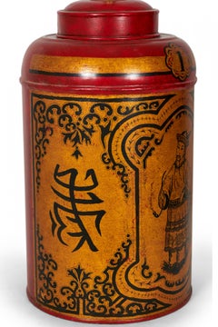 Pair of Vintage English Chinoiserie Red Hand-Painted Tole Tea Caddy Table Lamps