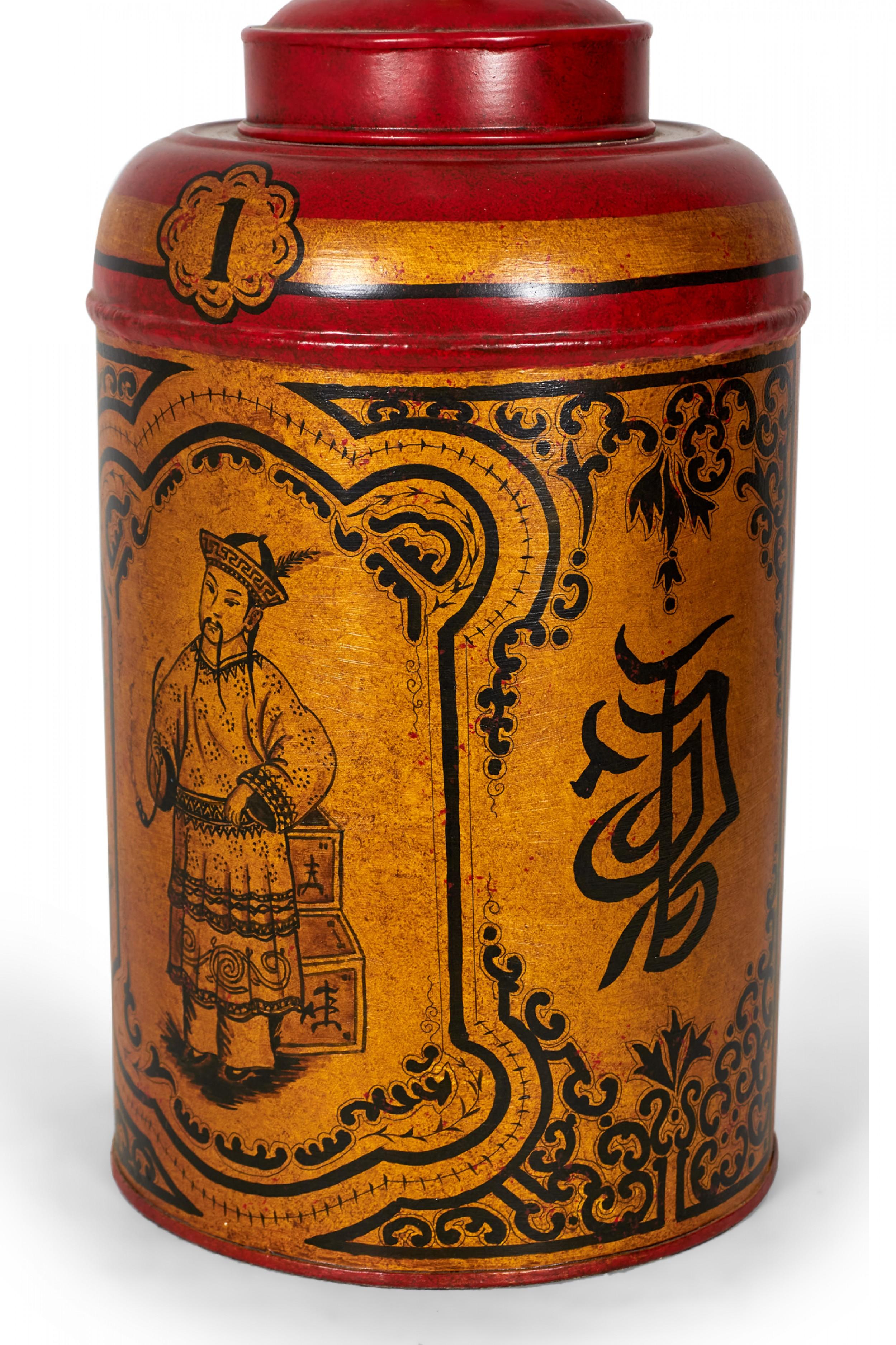 Pareja de lámparas de mesa vintage inglesas de estilo chinoiserie pintadas a mano en rojo Tole Tea Caddy siglo XX en venta