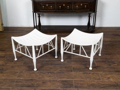 Pair of Vintage English Egyptian Revival White Thebes Stools with Curving Seats