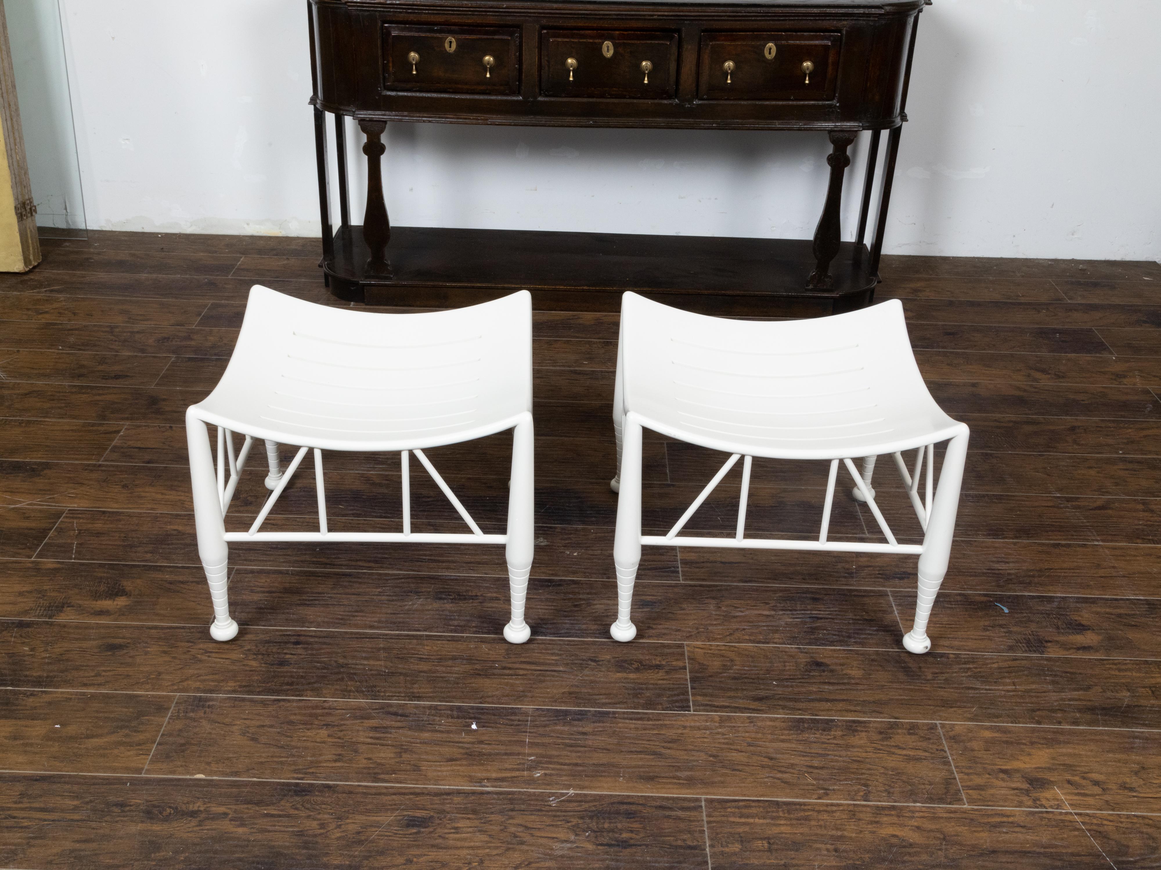 Wood Pair of Vintage English Egyptian Revival White Thebes Stools with Curving Seats For Sale