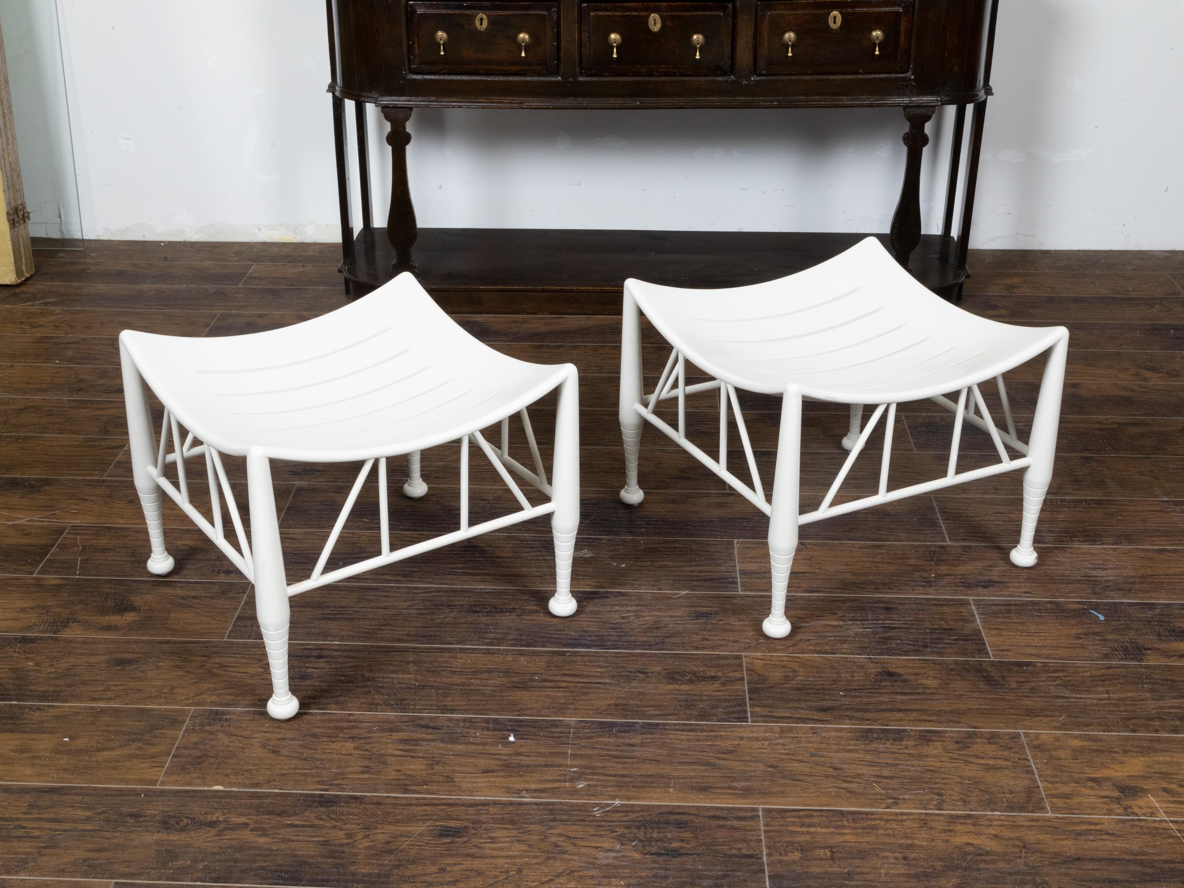 Pair of Vintage English Egyptian Revival White Thebes Stools with Curving Seats For Sale 1