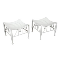 Pair of Vintage English Egyptian Revival White Thebes Stools with Curving Seats