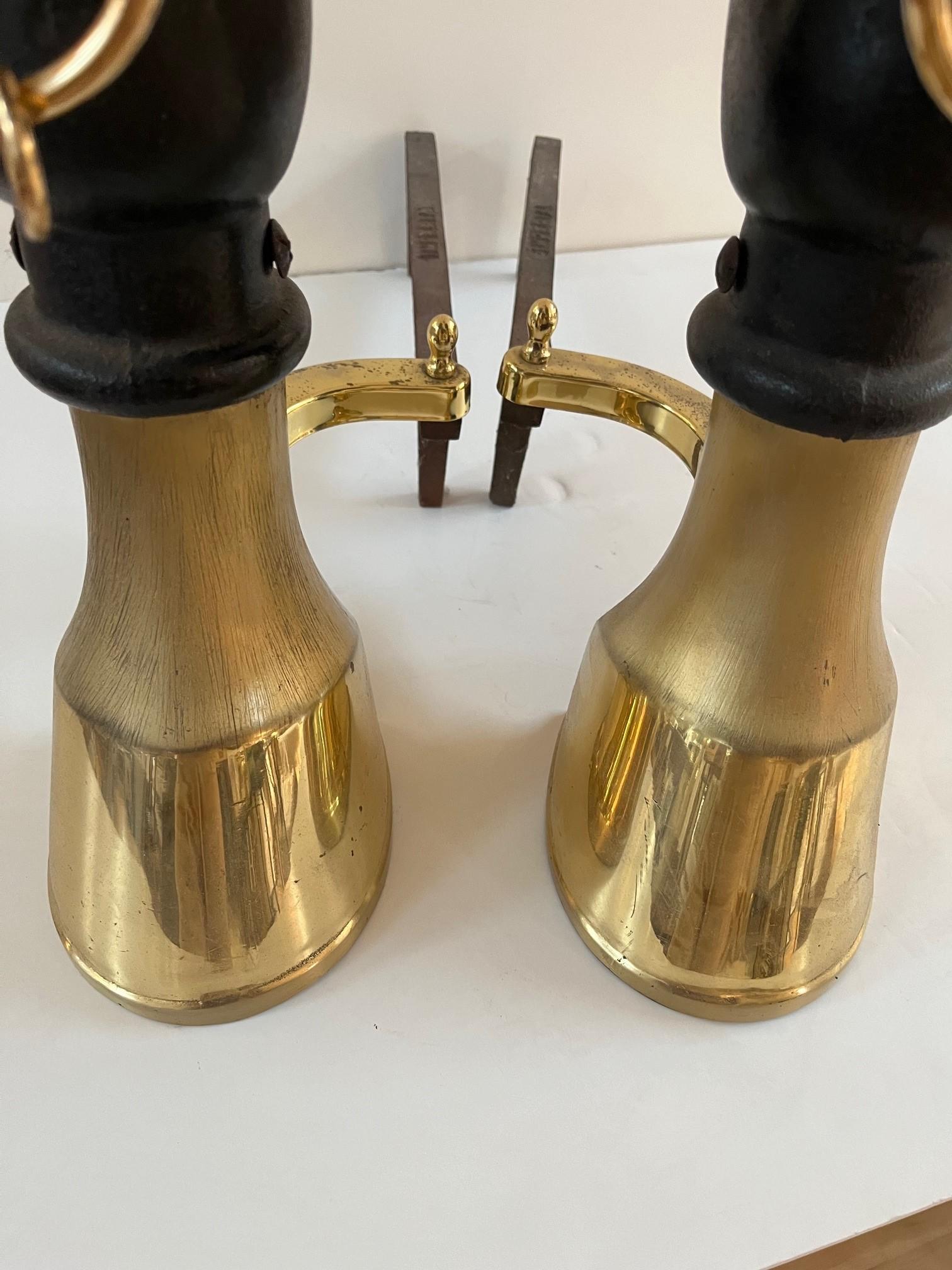 Pair of Vintage English Equestrian Horse heads and Brass Hoof Andirons For Sale 4