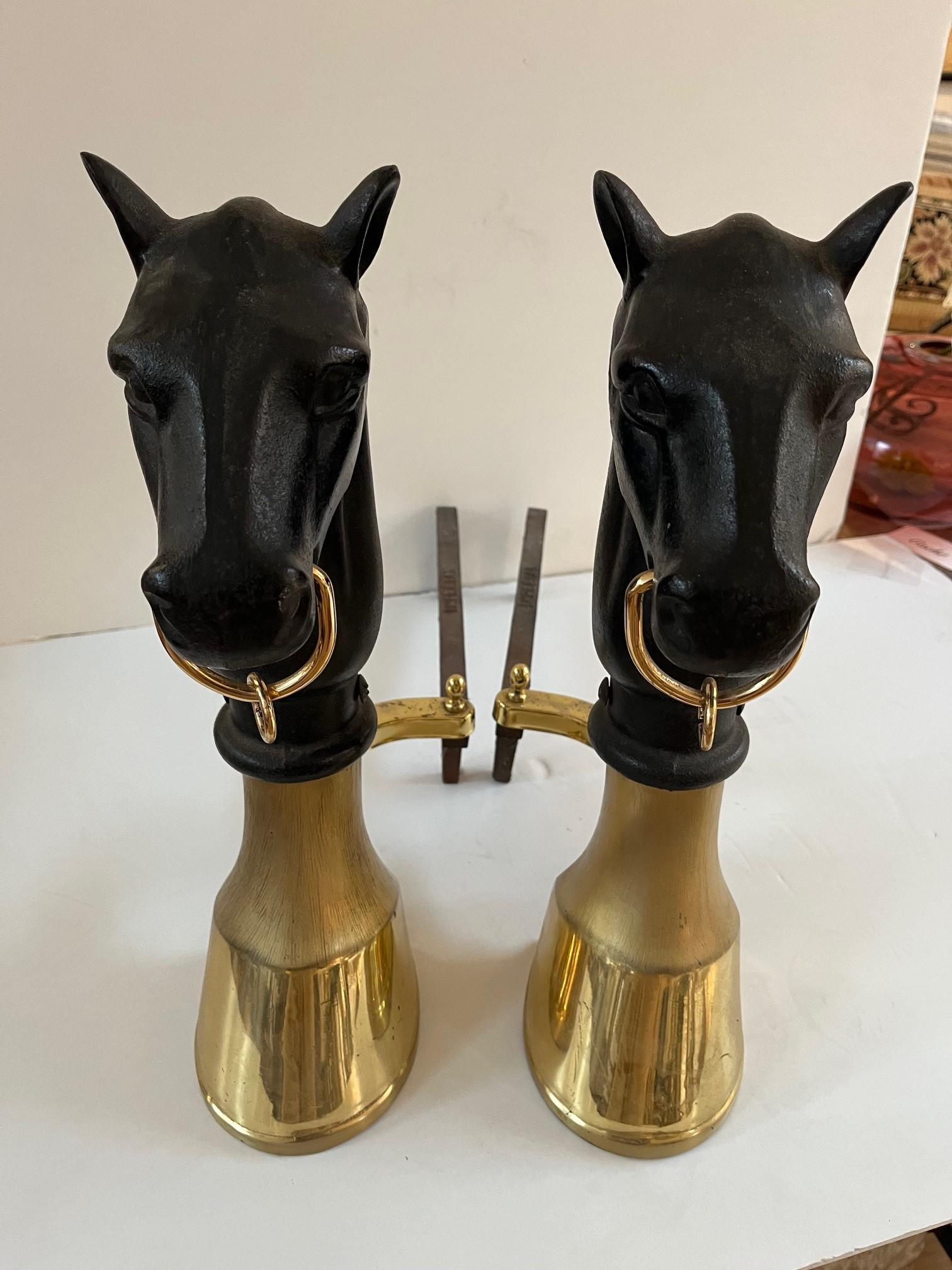 Pair of Vintage English Equestrian Horse heads and Brass Hoof Andirons For Sale 5