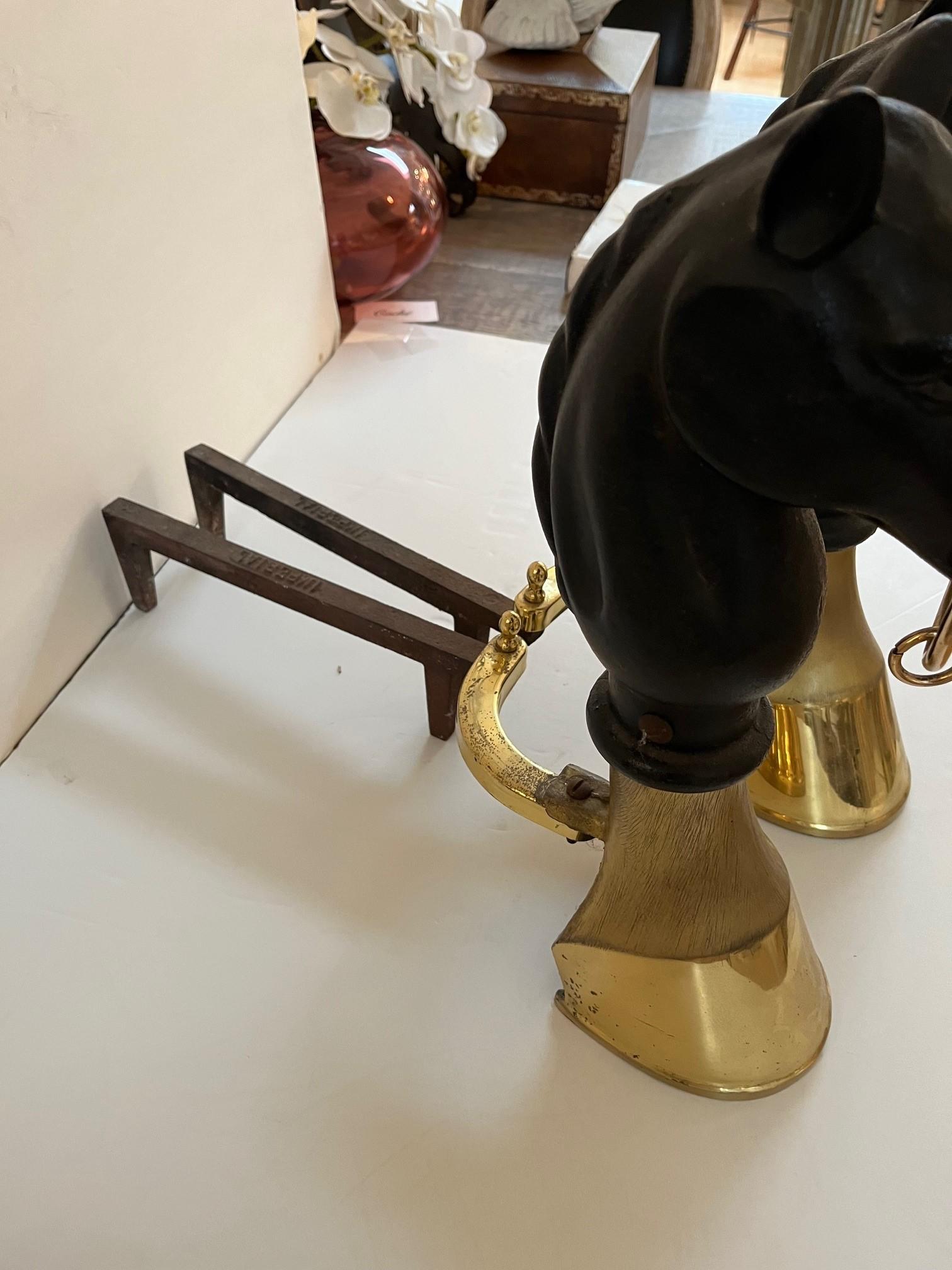 Mid-20th Century Pair of Vintage English Equestrian Horse heads and Brass Hoof Andirons For Sale