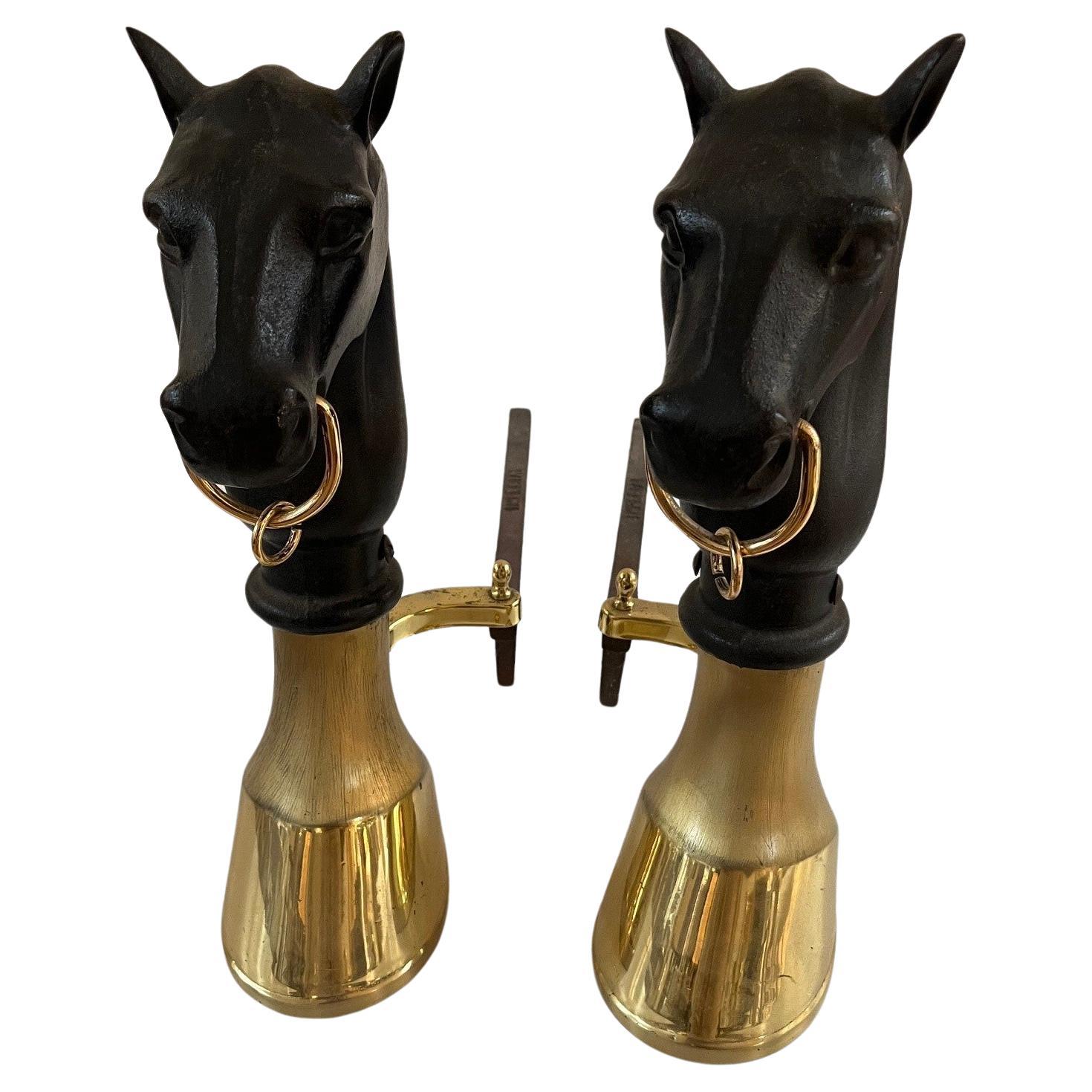 Pair of Vintage English Equestrian Horse heads and Brass Hoof Andirons For Sale