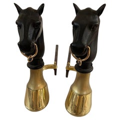 Pair of Vintage English Equestrian Horse heads and Brass Hoof Andirons