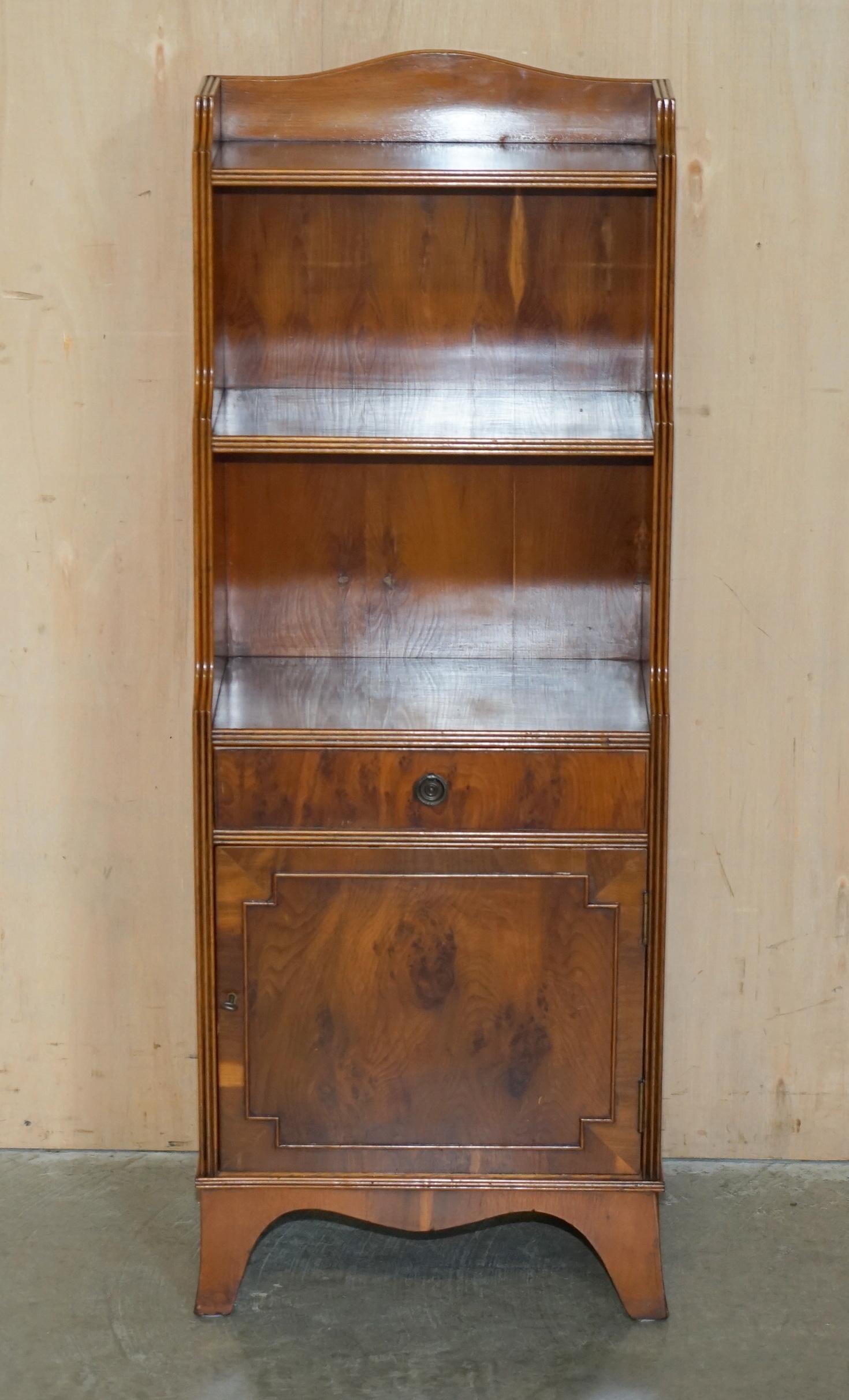 Country PAIR OF ViNTAGE ENGLISH FLAMED HARDWOOD WATERFALL BOOKCASES WITH CUPBOARD BASES For Sale