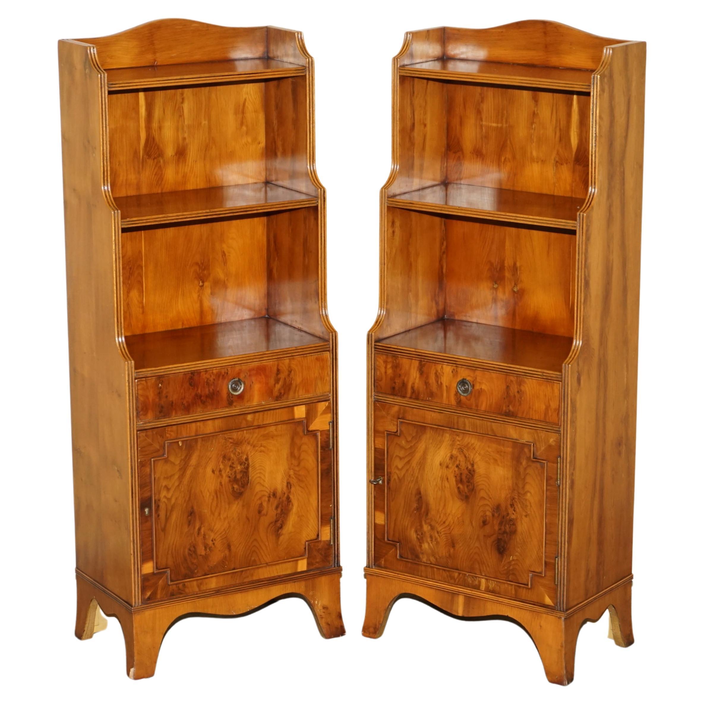 PAIR OF ViNTAGE ENGLISH FLAMED HARDWOOD WATERFALL BOOKCASES WITH CUPBOARD BASES