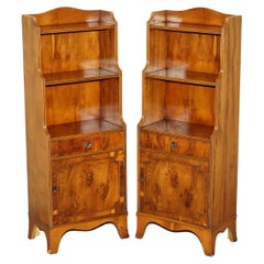 PAIR OF ViNTAGE ENGLISH FLAMED HARDWOOD WATERFALL BOOKCASES WITH CUPBOARD BASES