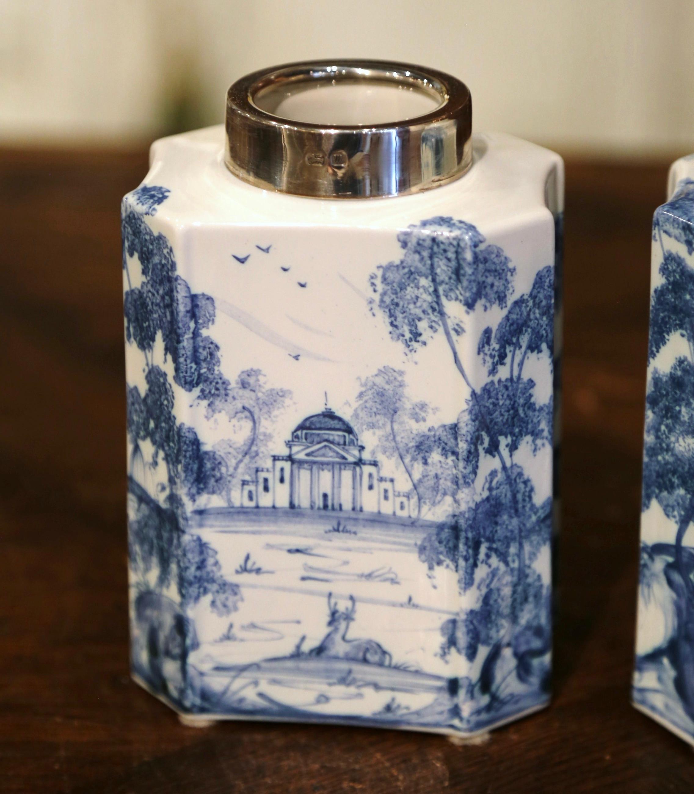 Pair of Vintage English Hand Painted Blue and White Porcelain Jars with Lids 4