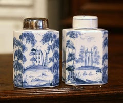 Pair of Vintage English Hand Painted Blue and White Porcelain Jars with Lids