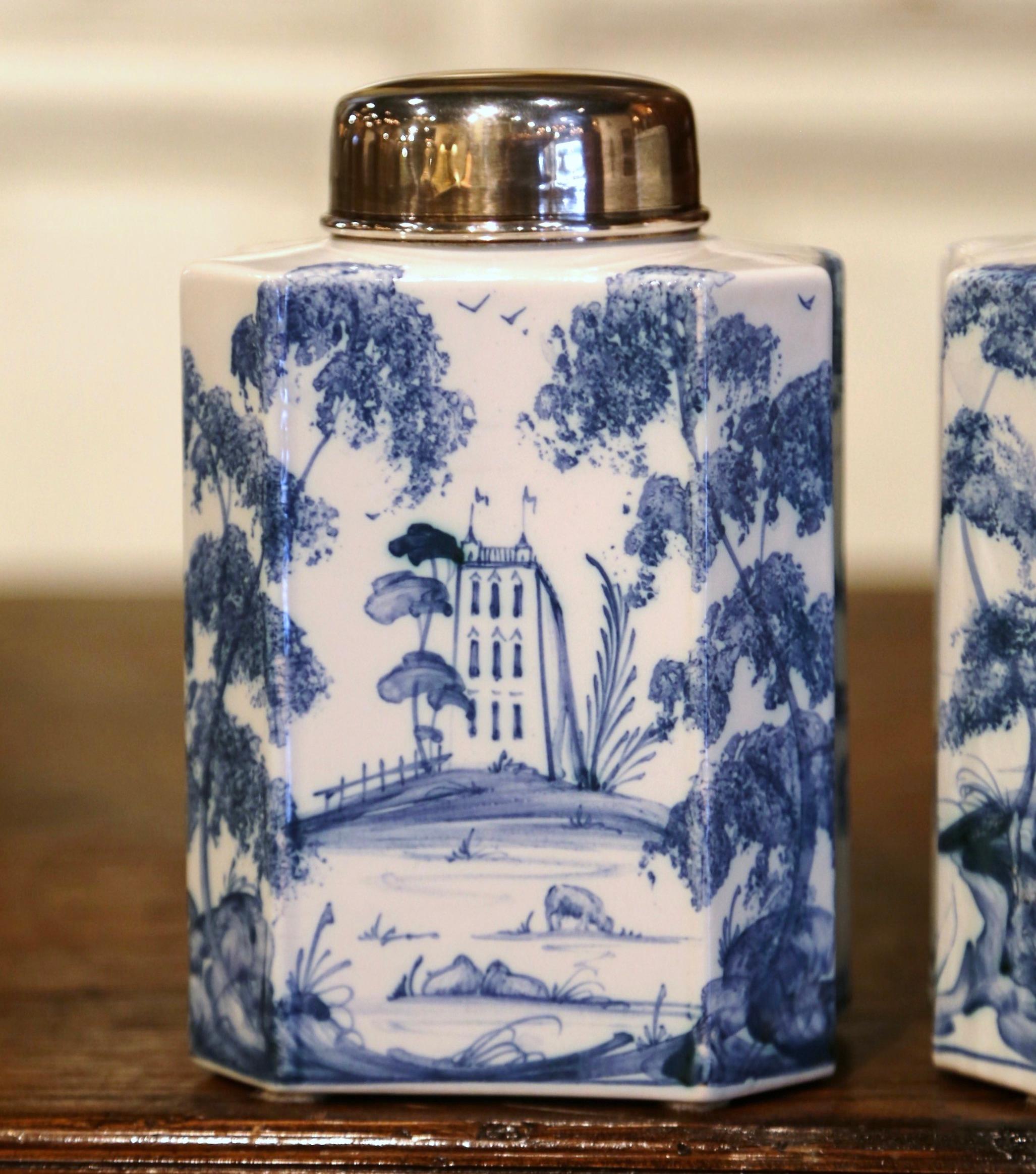 Hand-Crafted Pair of Vintage English Hand Painted Blue and White Porcelain Jars with Lids