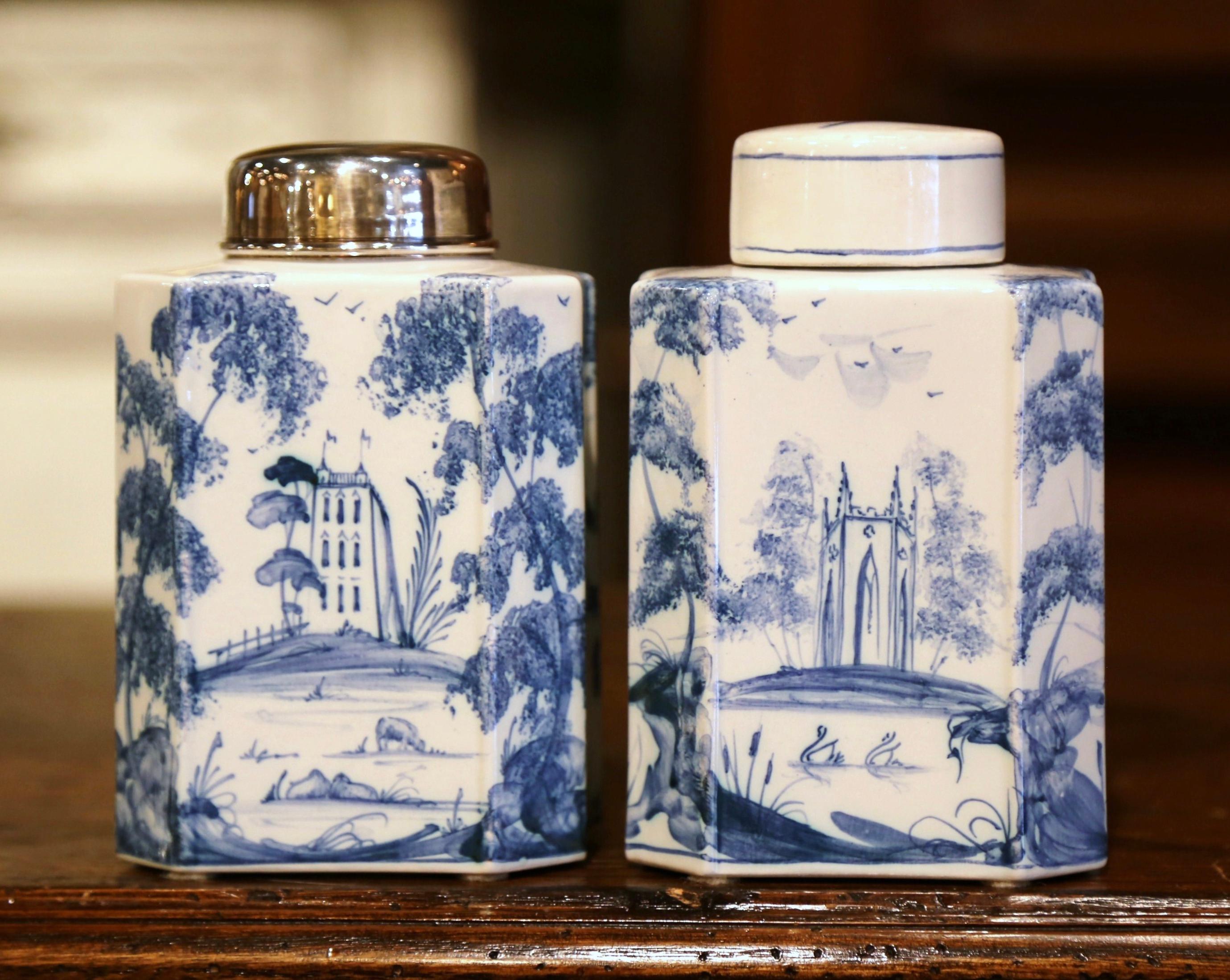 20th Century Pair of Vintage English Hand Painted Blue and White Porcelain Jars with Lids