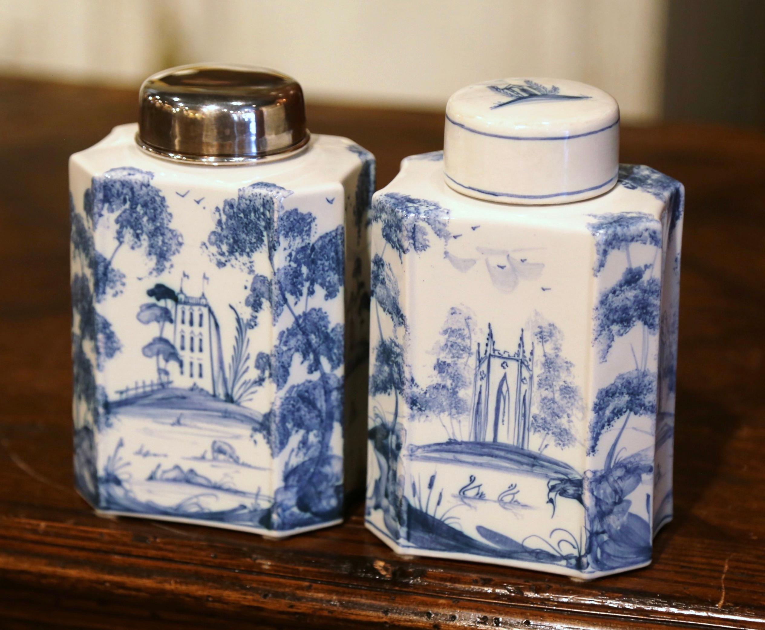Ceramic Pair of Vintage English Hand Painted Blue and White Porcelain Jars with Lids
