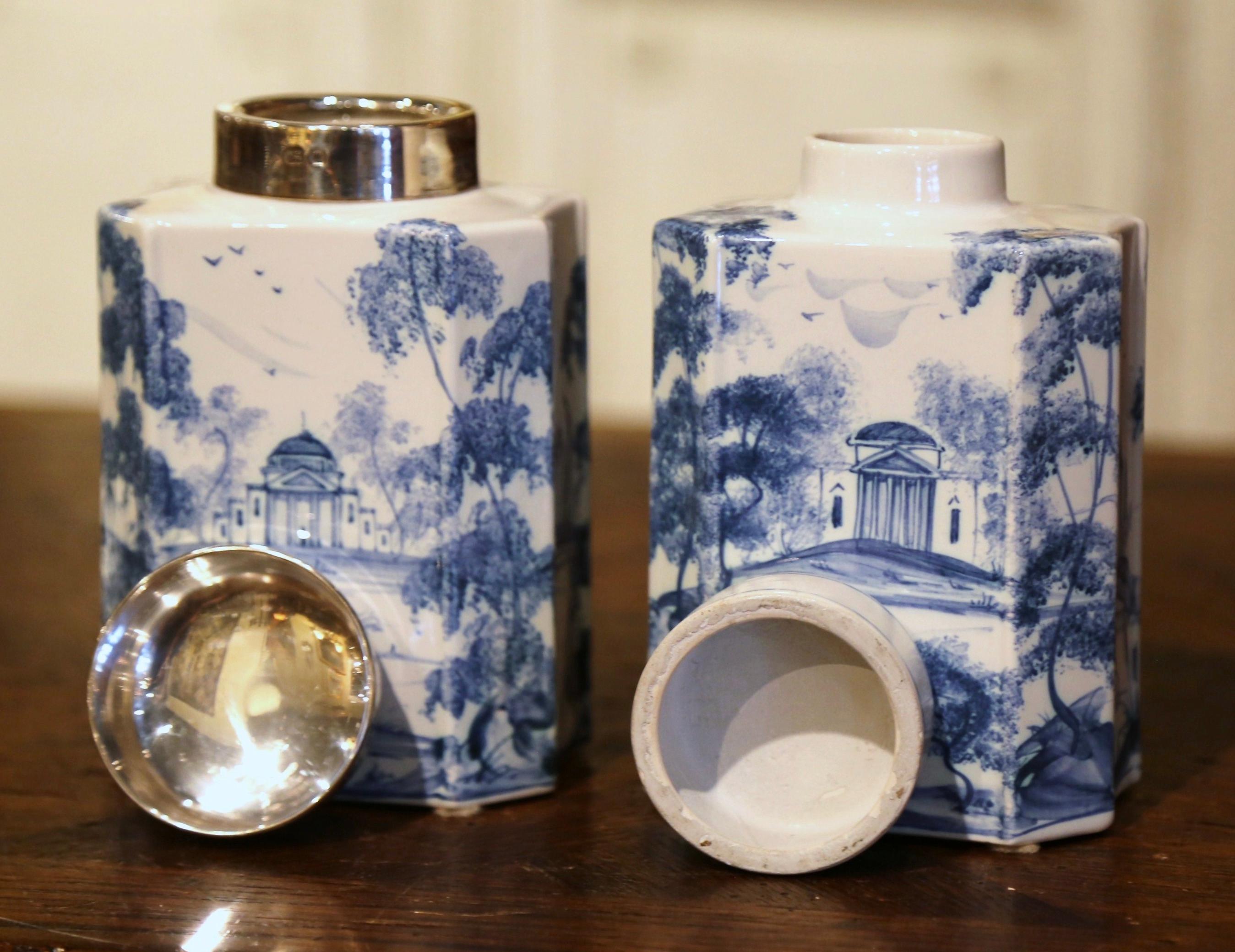 Pair of Vintage English Hand Painted Blue and White Porcelain Jars with Lids 3