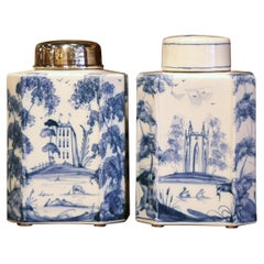 Pair of Vintage English Hand Painted Blue and White Porcelain Jars with Lids