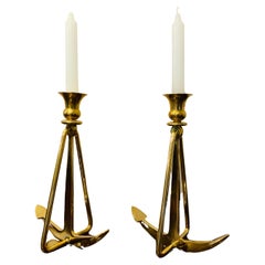 Pair of Vintage English Nautical Anchor Brass Candlesticks or Candleholders