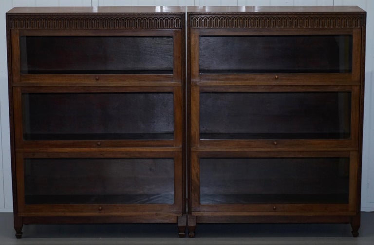 Pair Of Vintage English Oak Library Legal Bookcases Retractable