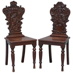 Pair of Antique English Oak Occasional Hall Chairs Depicting King & Gentleman