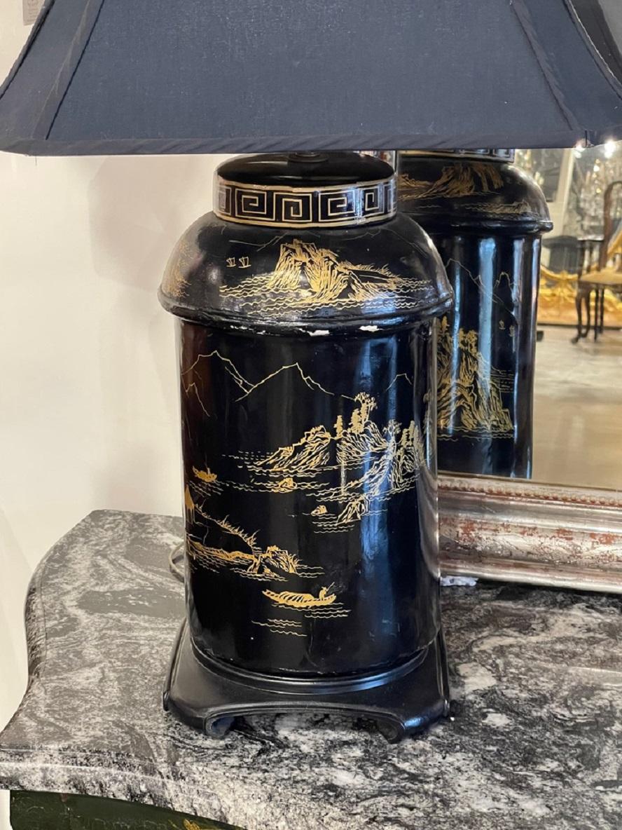 Pair of Vintage English Paper Mache' Tea Can Lamps In Good Condition In Dallas, TX