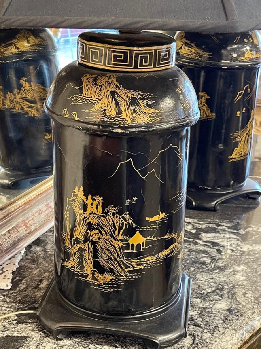 Pair of Vintage English Paper Mache' Tea Can Lamps 3