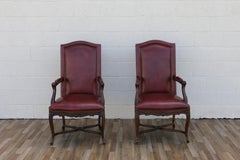 Pair of Vintage English Regency Style Leather Armchairs  Carved Wood Frame