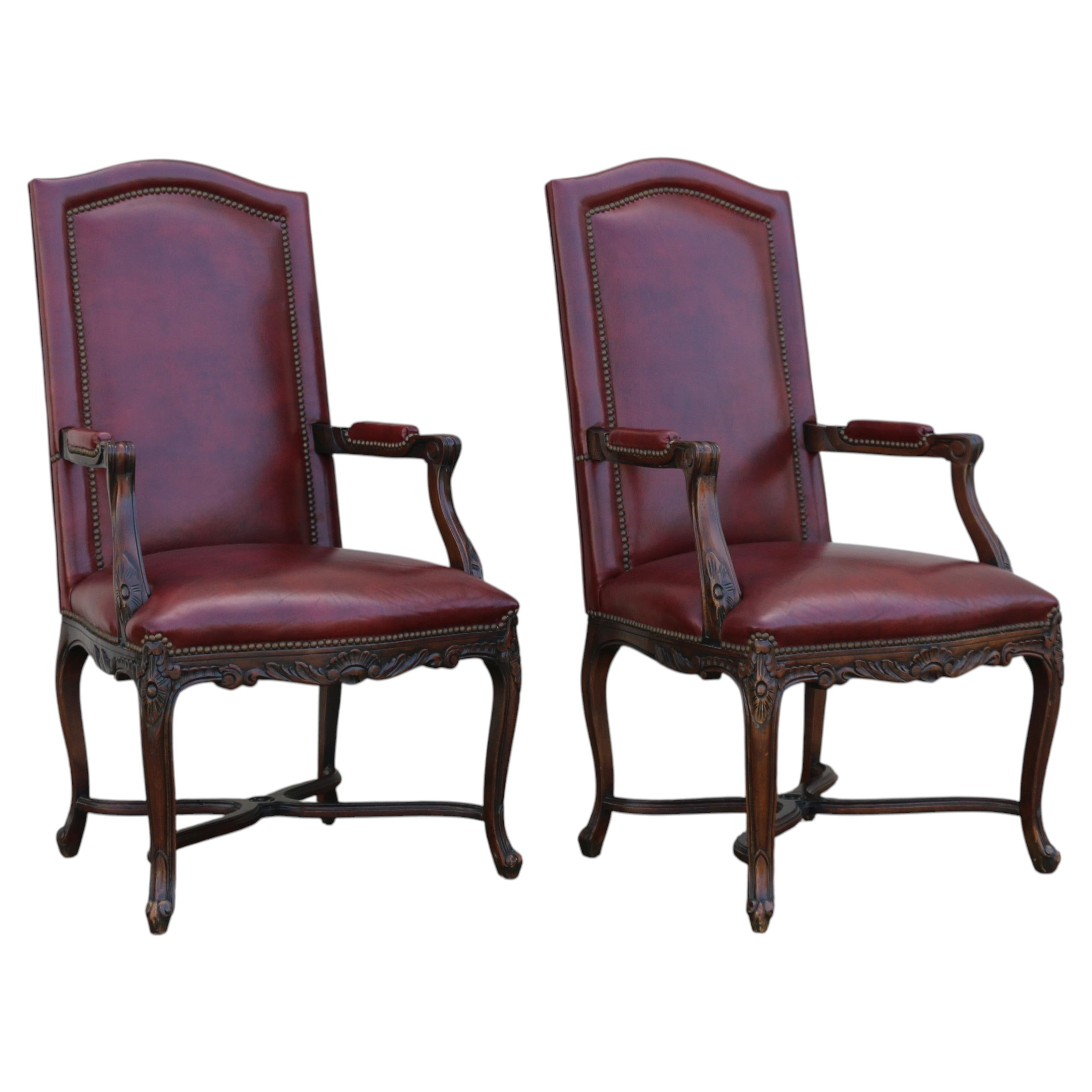 Pair of Vintage English Regency Style Leather Armchairs  Carved Wood Frame For Sale