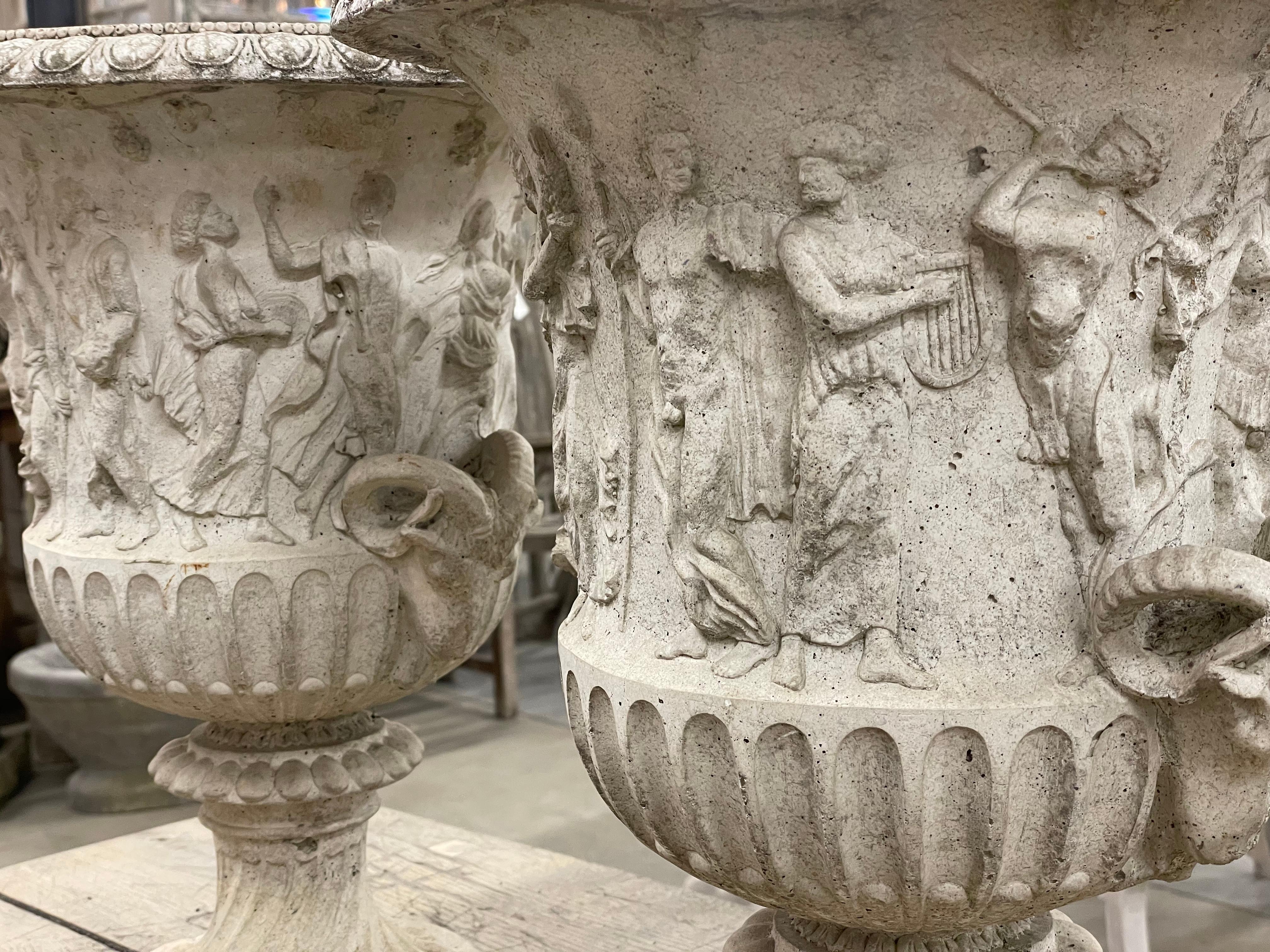 Cast Stone Pair of Vintage English Renaissance Style Medici Urns