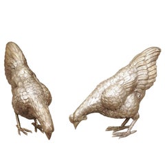 Pair of Vintage English Silver Plate Pecking Chicken Sculptures from the 1950s