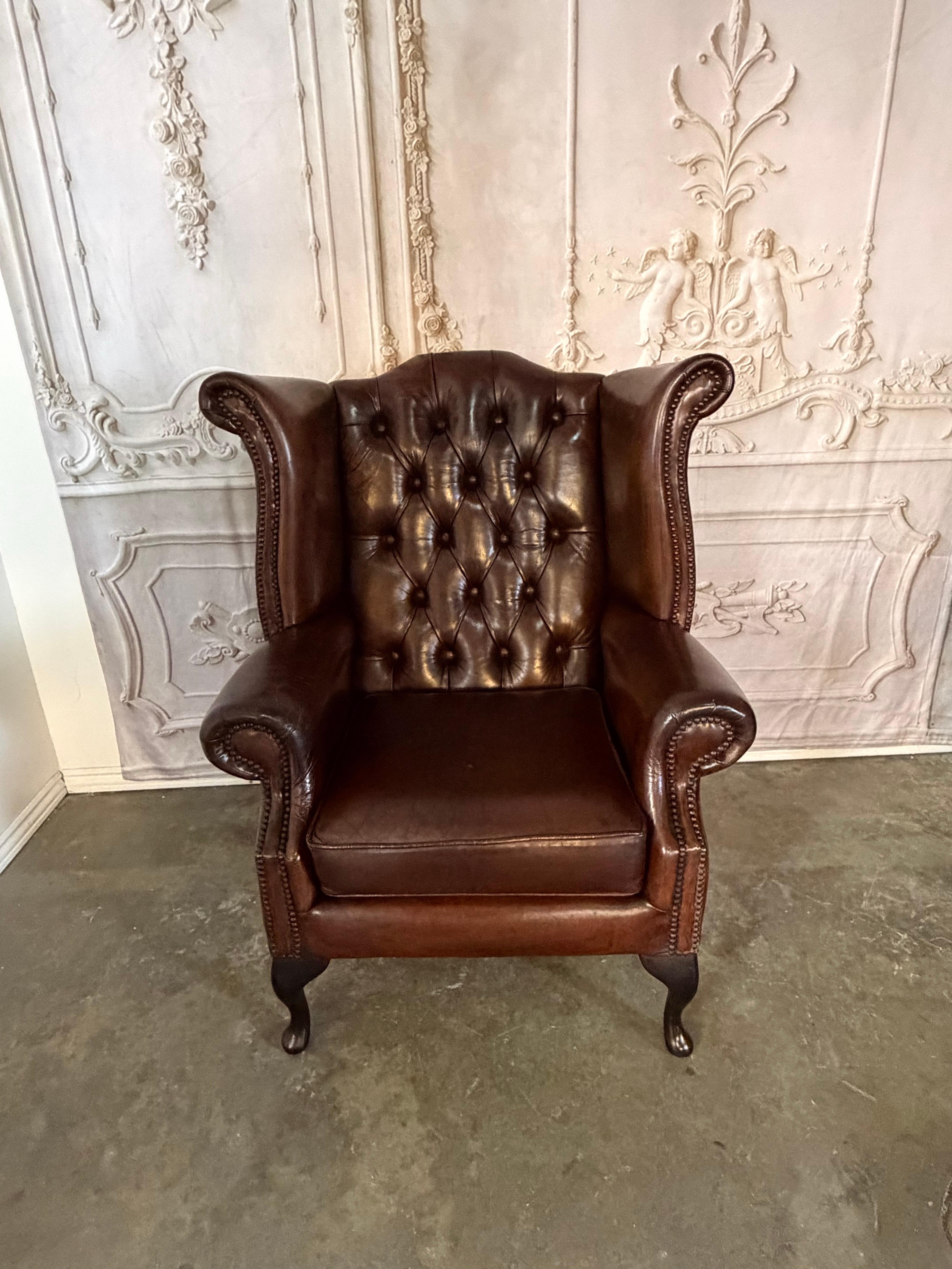 Pair of Vintage English Tufted Leather Wingback Armchairs For Sale at ...