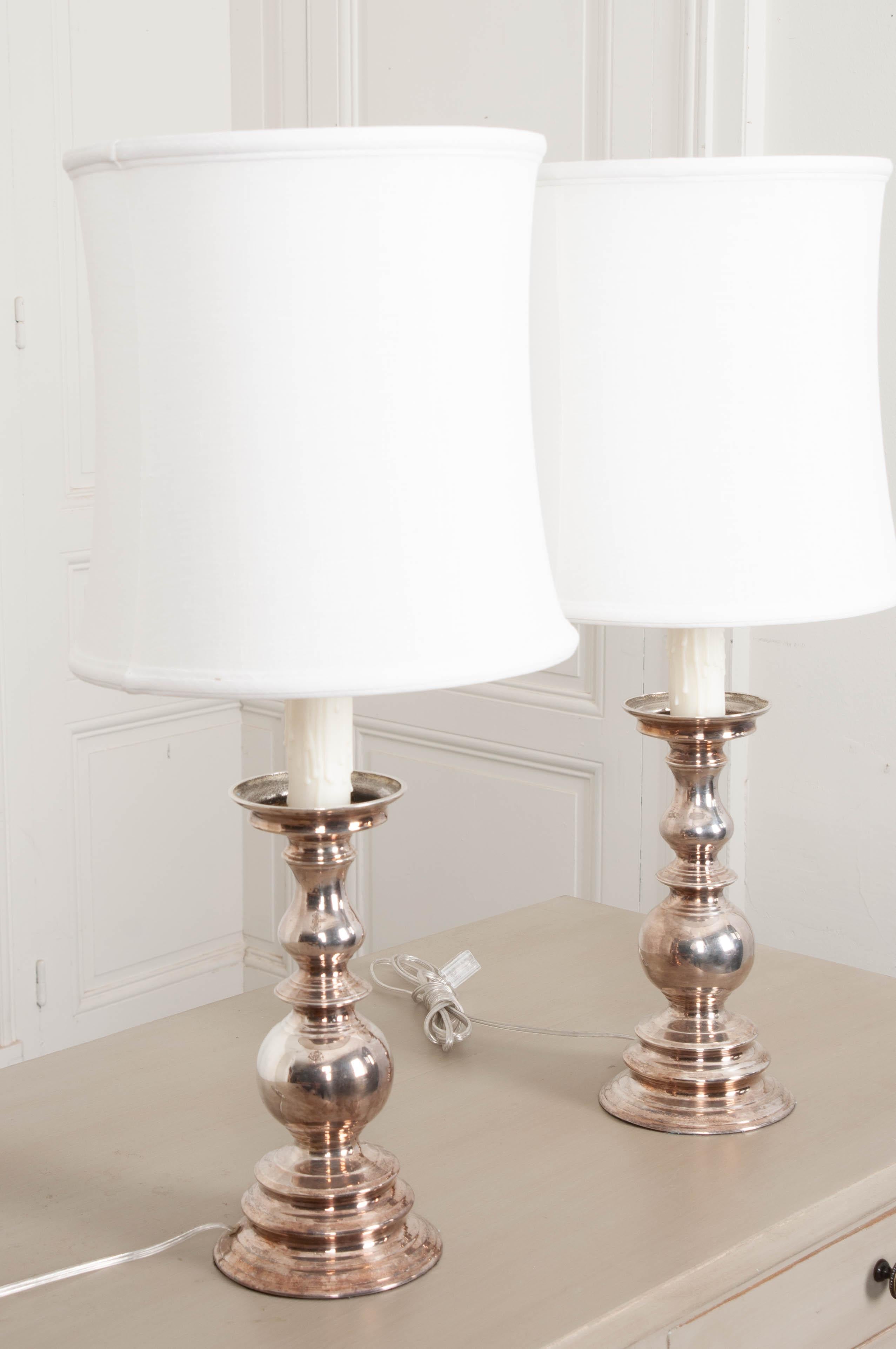 Pair of Vintage European Silver Plate Candlestick Lamps In Good Condition In Baton Rouge, LA