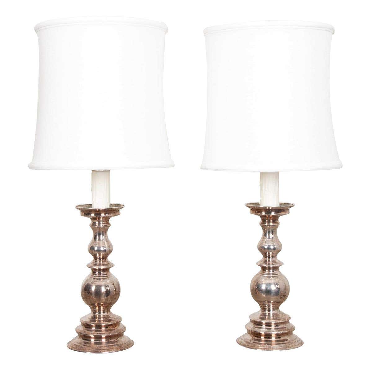 Pair of Vintage European Silver Plate Candlestick Lamps at 1stDibs