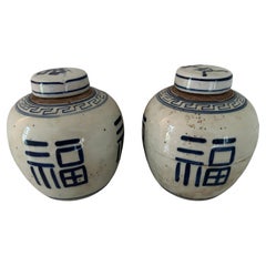Pair of Vintage Export Blue and White Chinese Ginger Jars