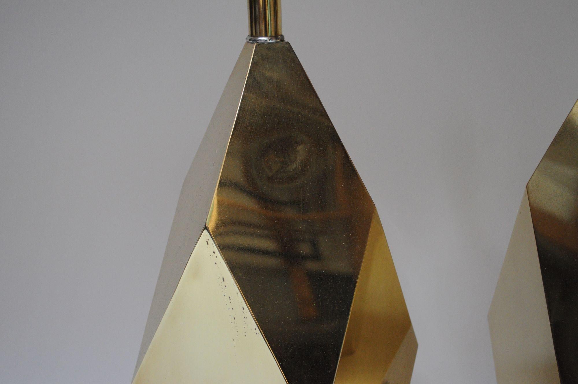 Pair of Vintage Faceted Geometric Solid Brass Table Lamps For Sale 2