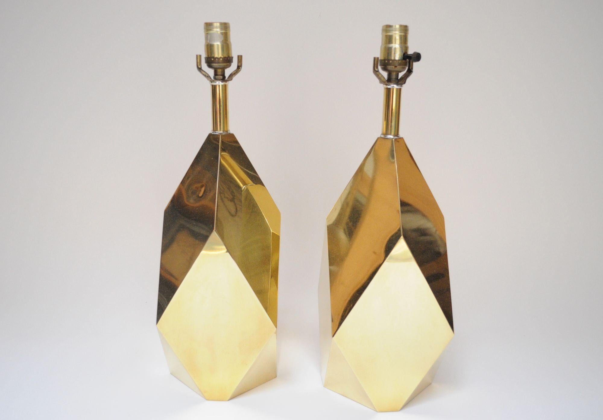 Pair of Vintage Faceted Geometric Solid Brass Table Lamps For Sale 12