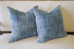 Pair of Vintage Faded African Mud Cloth Indigo Pillows with Original Frayed Edge