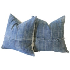 Pair of Vintage Faded African Mud Cloth Indigo Pillows with Original Frayed Edge
