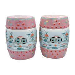 Pair of Vintage Famille Rose Porcelain Garden Stools with Mandarin Ducks
