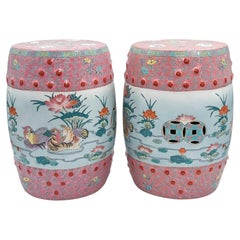 Pair of Vintage Famille Rose Porcelain Garden Stools with Mandarin Ducks