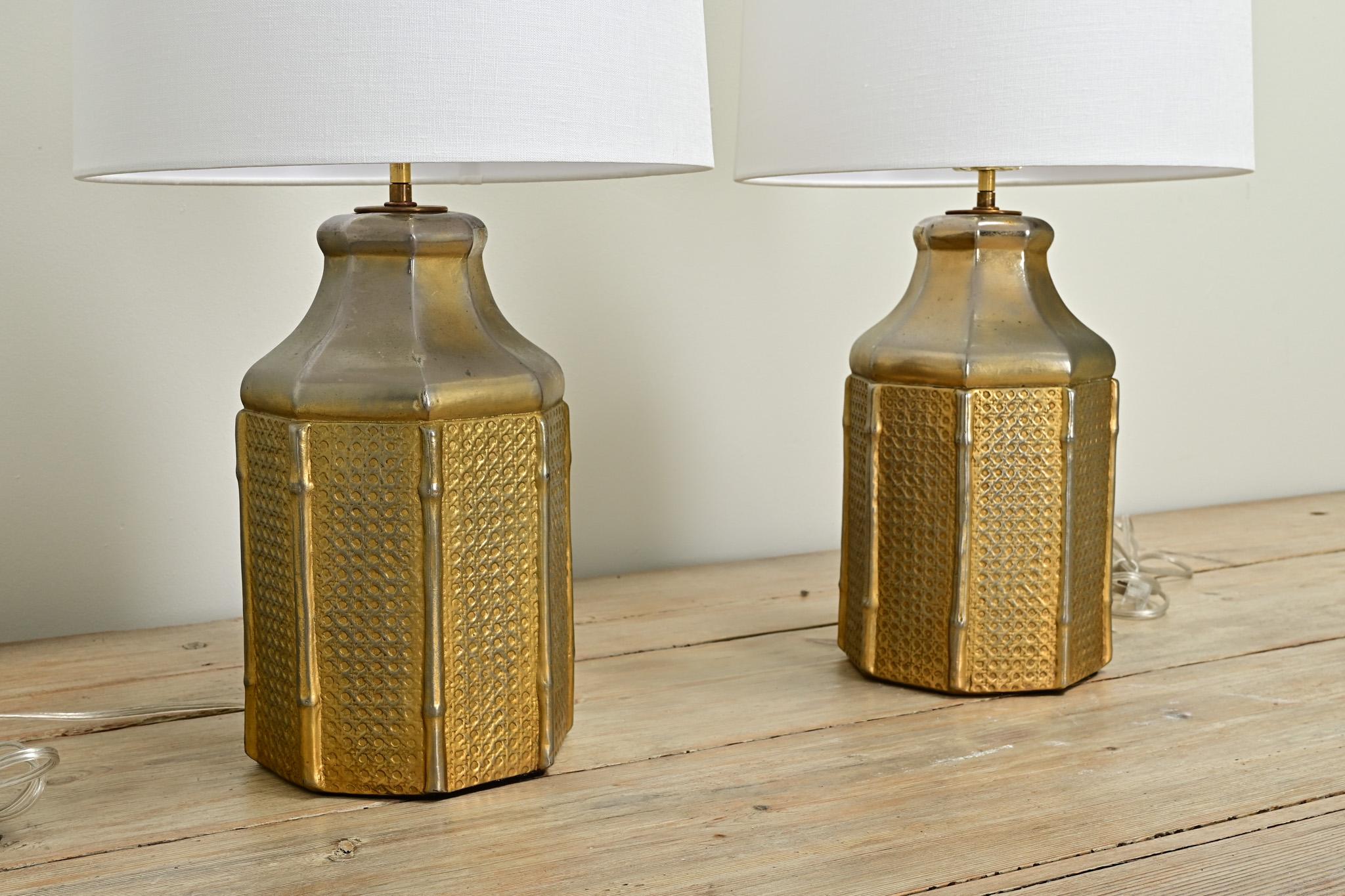 Metalwork Pair of Vintage Faux Cane & Bamboo Lamps For Sale