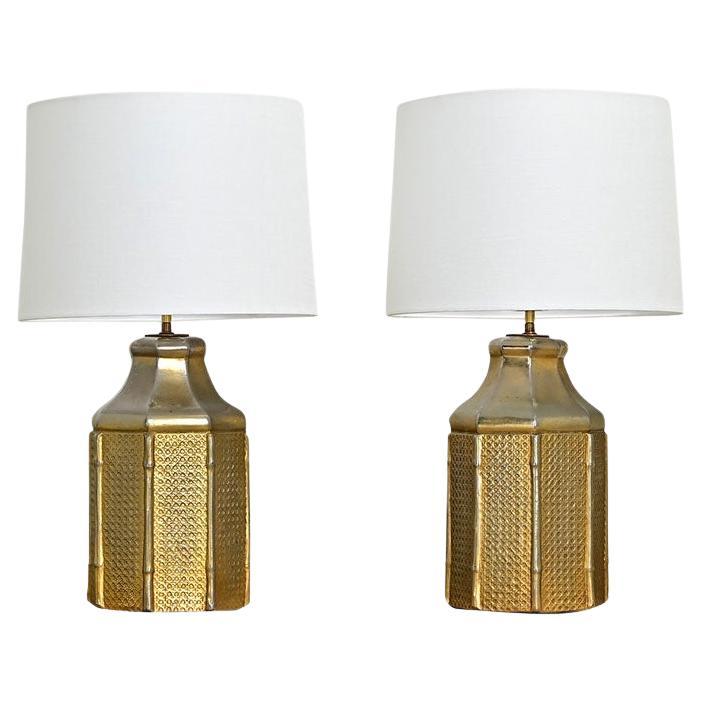 Pair of Vintage Faux Cane & Bamboo Lamps For Sale